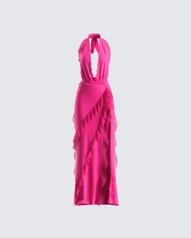 Nandi Hot Pink Ruffle Maxi Dress