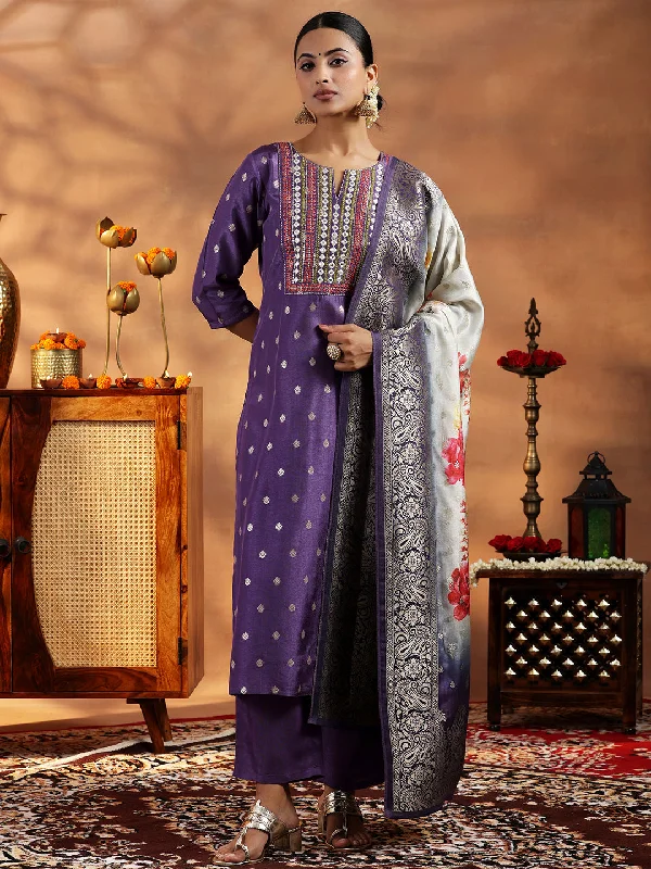 Purple Woven Design Silk Blend Straight Suit With Dupatta