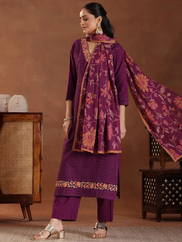 Wine Embroidered Cotton Straight Suit With Dupatta