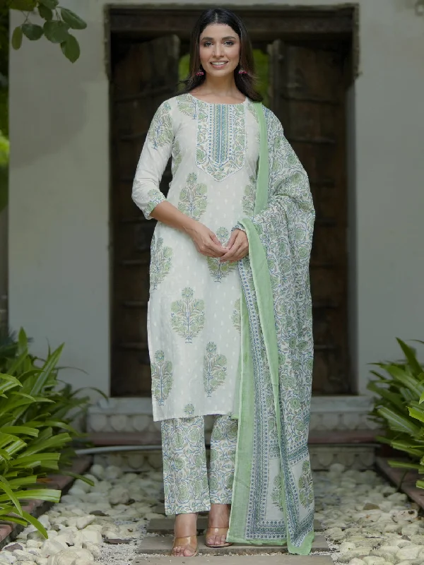 Off White Printed Cotton Straight Suit With Dupatta