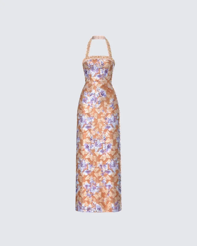 Ari Orange Floral Burnout Maxi Dress