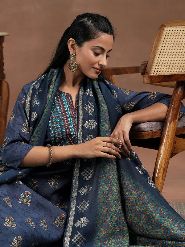 Blue Printed Silk Blend Straight Suit With Dupatta