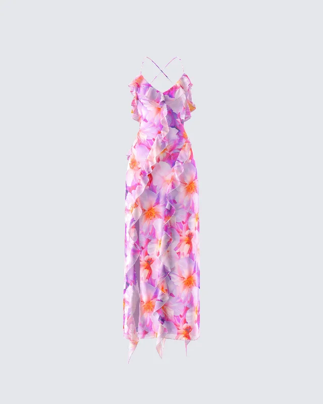 Kenya Pink Floral Ruffle Maxi Dress