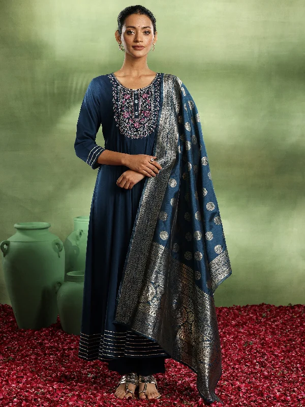 Navy Blue Yoke Design Rayon Anarkali Suit With Dupatta