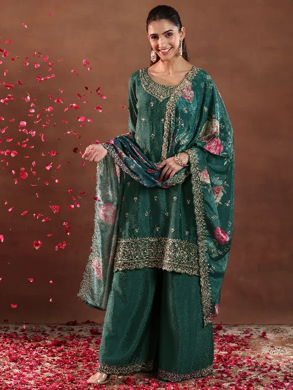 Teal Embroidered Silk Blend Straight Suit With Dupatta