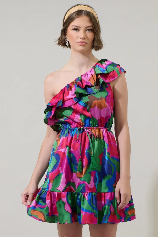 Evolet Floral Paradise Satin One Shoulder Mini Dress