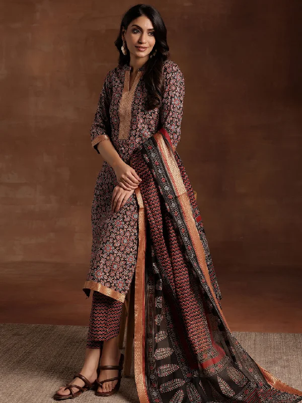 Black Printed Cotton Straight Suit With Dupatta