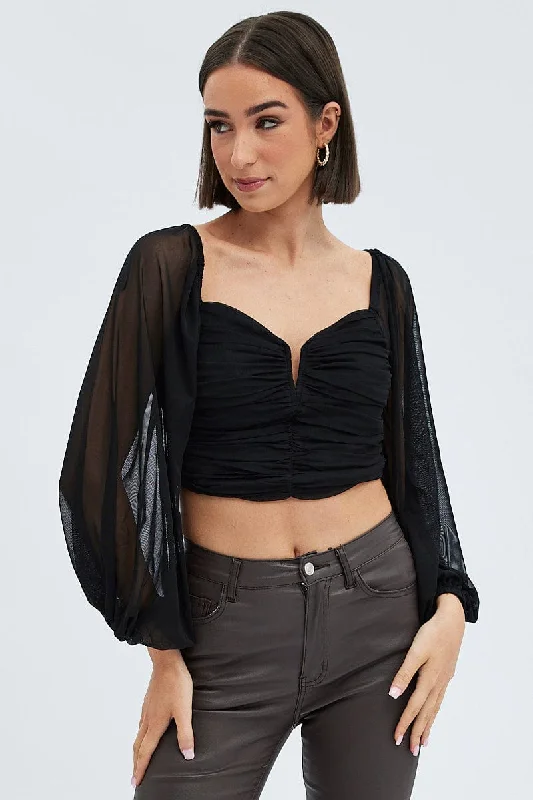 Black Top Crop Long Sleeve Ruched Mesh