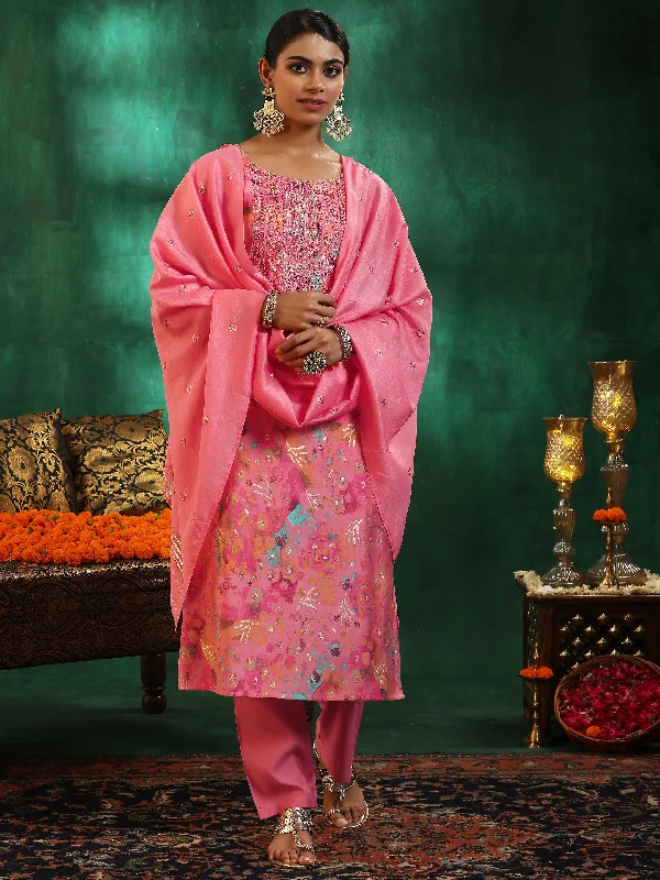 Pink Printed Silk blend Straight Suit With Dupatta