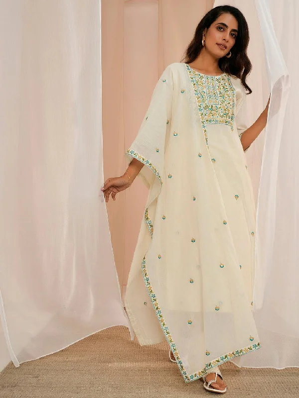 Off White Yoke Design Cotton Straight Suit With Dupatta