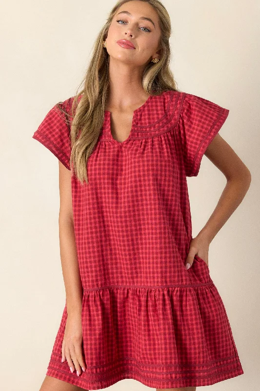 Picnic Day 100% Cotton Red Gingham Mini Dress