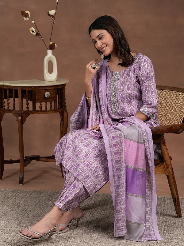 Purple Printed Silk Blend Straight Suit With Dupatta