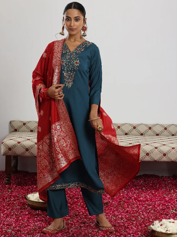 Teal Yoke Design Silk Blend Straight Suit With Dupatta