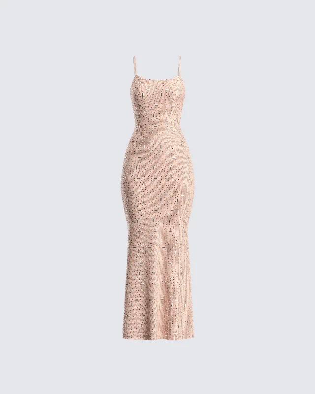 Lan Nude Rhinestone Maxi Dress