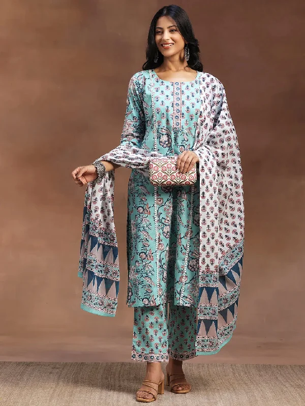 Blue Printed Cotton Straight Suit With Dupatta