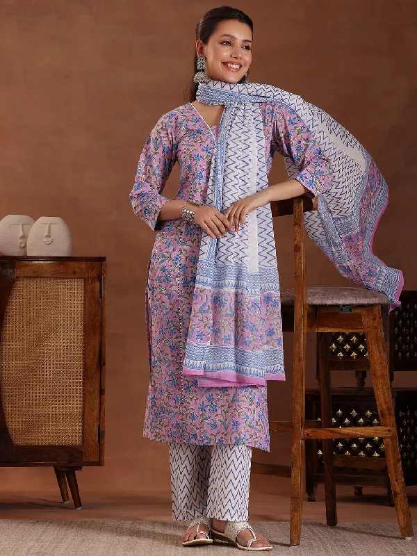 Purple Printed Cotton Straight Suit With Dupatta