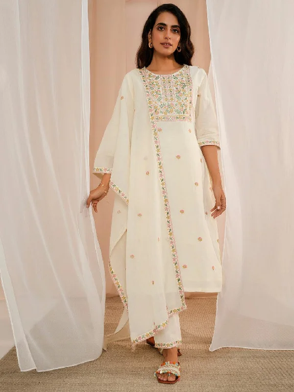 Off White Yoke Design Cotton Straight Suit With Dupatta