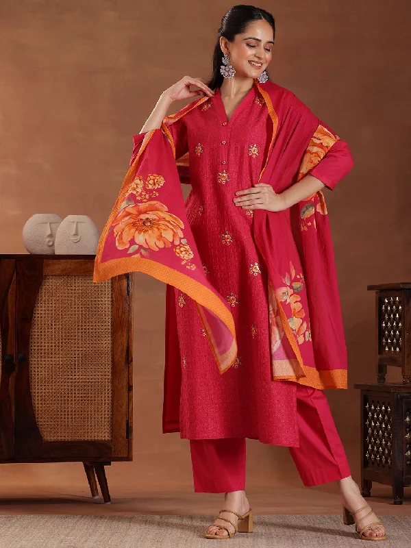 Pink Embroidered Cotton Straight Suit With Dupatta