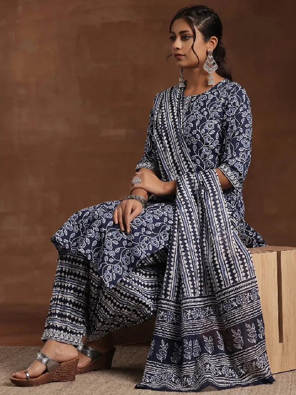 Indigo Printed Cotton Straight Suit With Dupatta