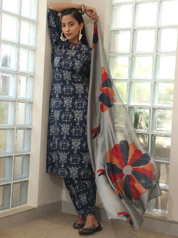 Blue Printed Silk Blend Straight Suit With Dupatta