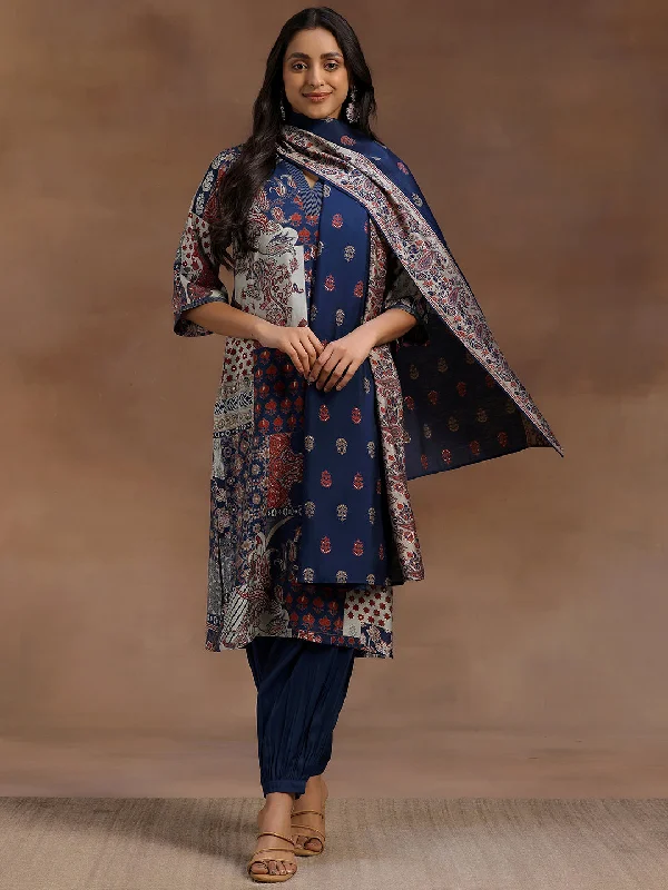 Blue Printed Silk Blend Straight Suit With Dupatta