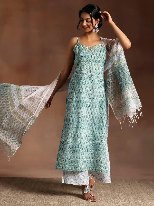 Green Printed Cotton Straight Suit With Dupatta