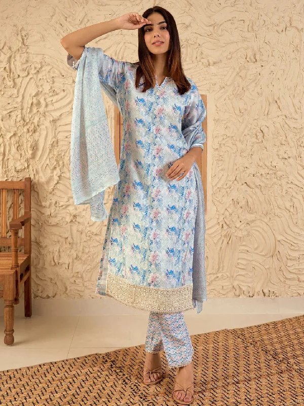 Blue Embroidered Cotton Blend Straight Suit With Dupatta