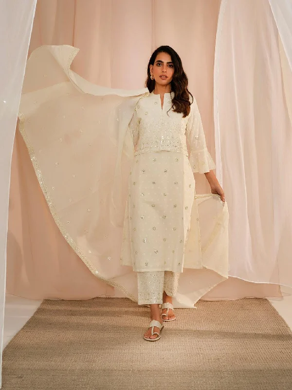 Off White Embroidered Cotton Straight Suit With Dupatta