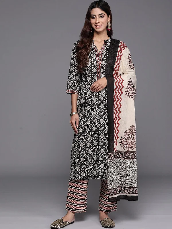 Black Printed Cotton Straight Suit With Dupatta