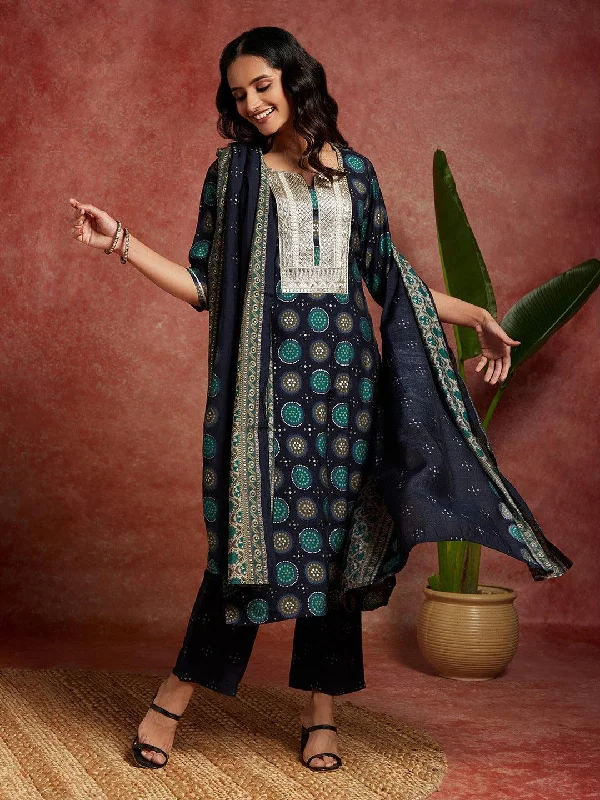 Blue Printed Silk Blend Straight Suit With Dupatta