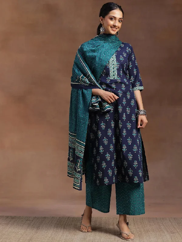 Blue Printed Cotton Straight Suit With Dupatta