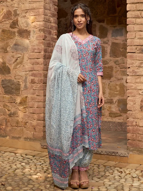 Blue Printed Cotton Straight Suit With Dupatta