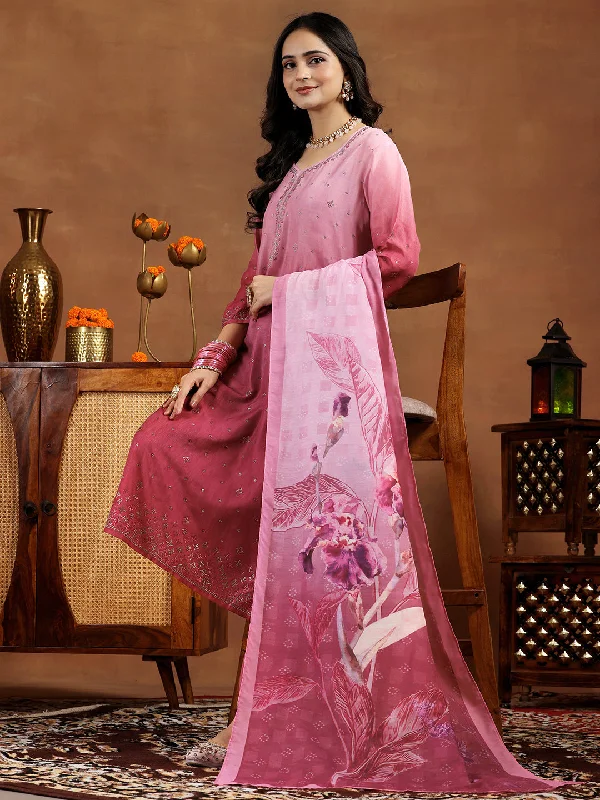 Pink Self Design Cotton Blend Straight Suit With Dupatta