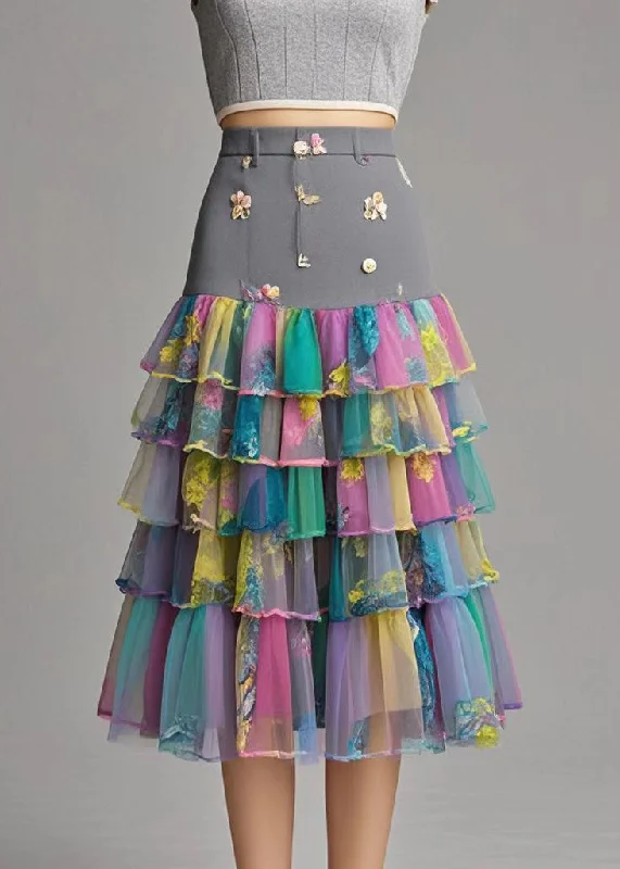 Beautiful Print Patchwork Layered Tulle Silm Fit Skirt Fall