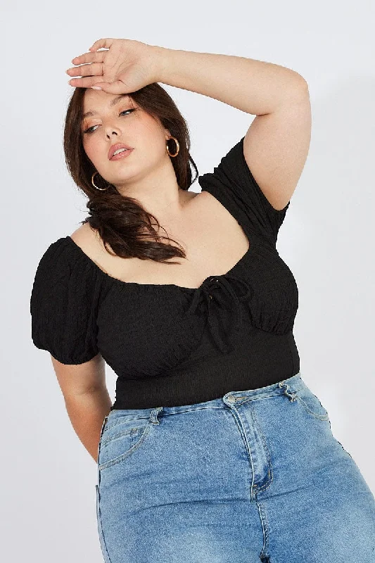 Black Bodysuit Short Sleeve Sweetheart Neckline Textured