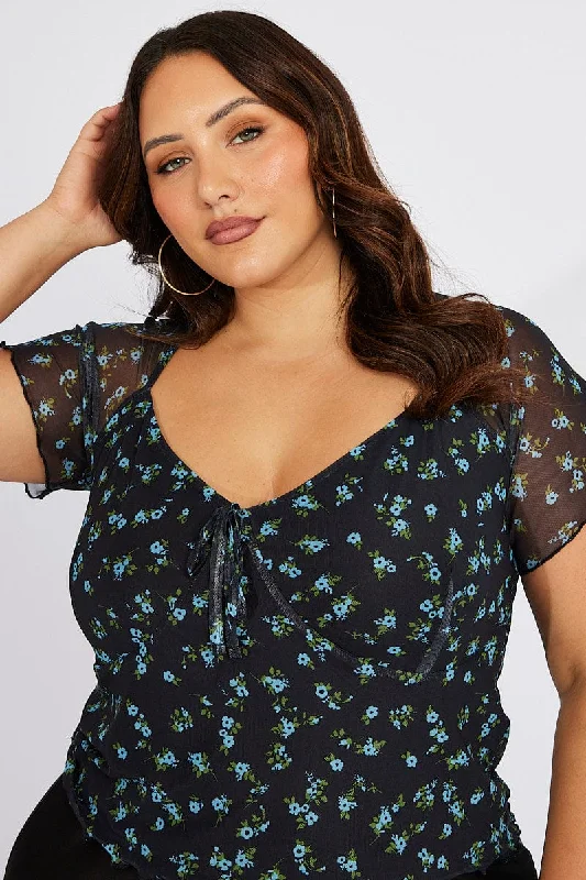 Black Floral Floral Mesh Top Short Sleeve V-neck