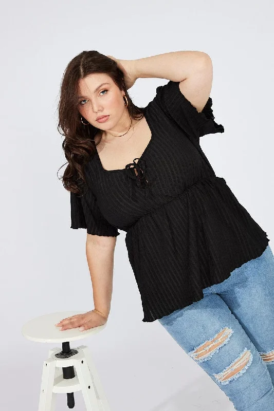 Black Smock Top Short Sleeve Textured