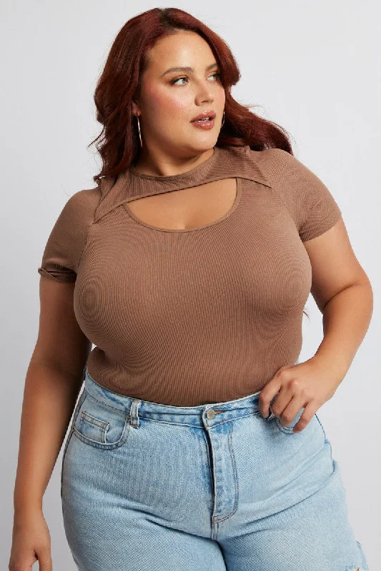 Brown Bodysuit Cut Out Short Sleeve Crew Neck Seamless