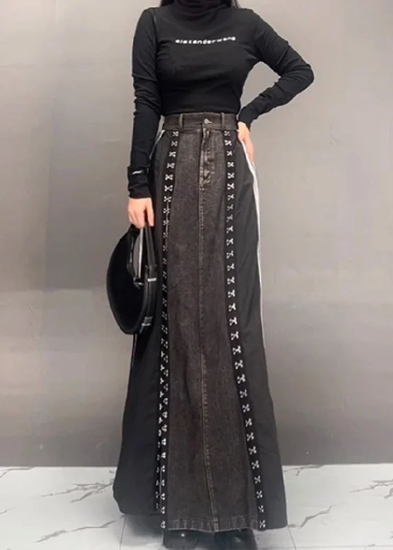 Fashion Dark Grey Patchwork Side Open Denim Skirts Fall