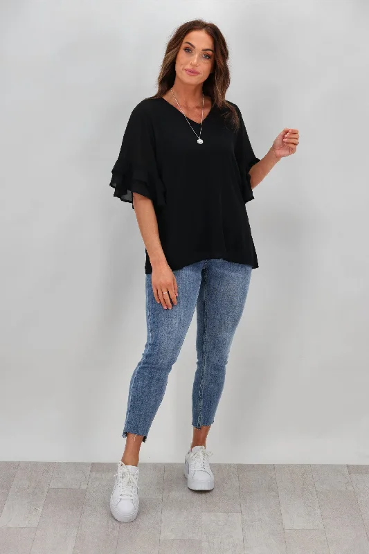 Gloss by Shine On Harper Frill Sleeve Top Black