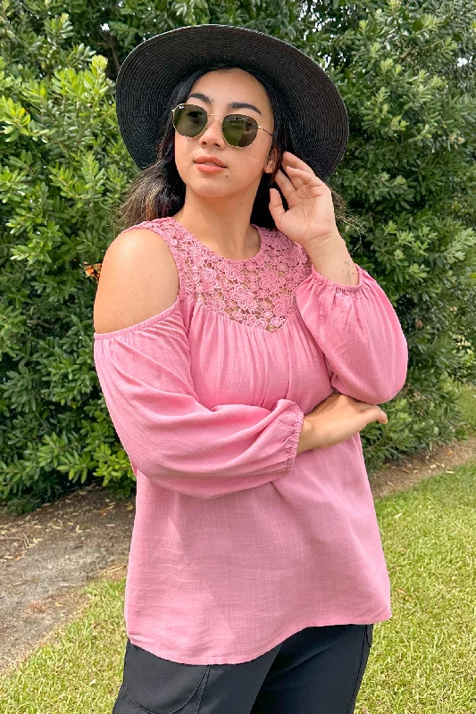 Gloss by Shine On Tayla Lace Cold Shoulder Top Pink