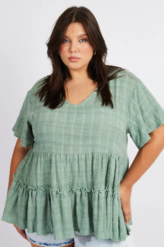 Green Smock Top Short Sleeve Tiered