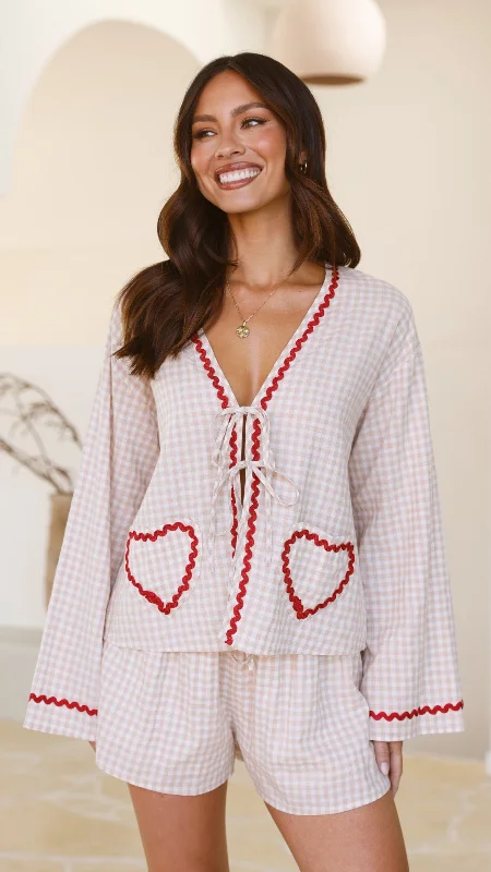 Maia Top and Shorts Set - Beige/Red Gingham