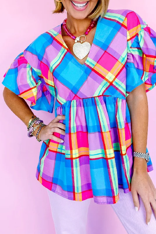 Plaid V Neck Ruffled Short Sleeve Babydoll Top