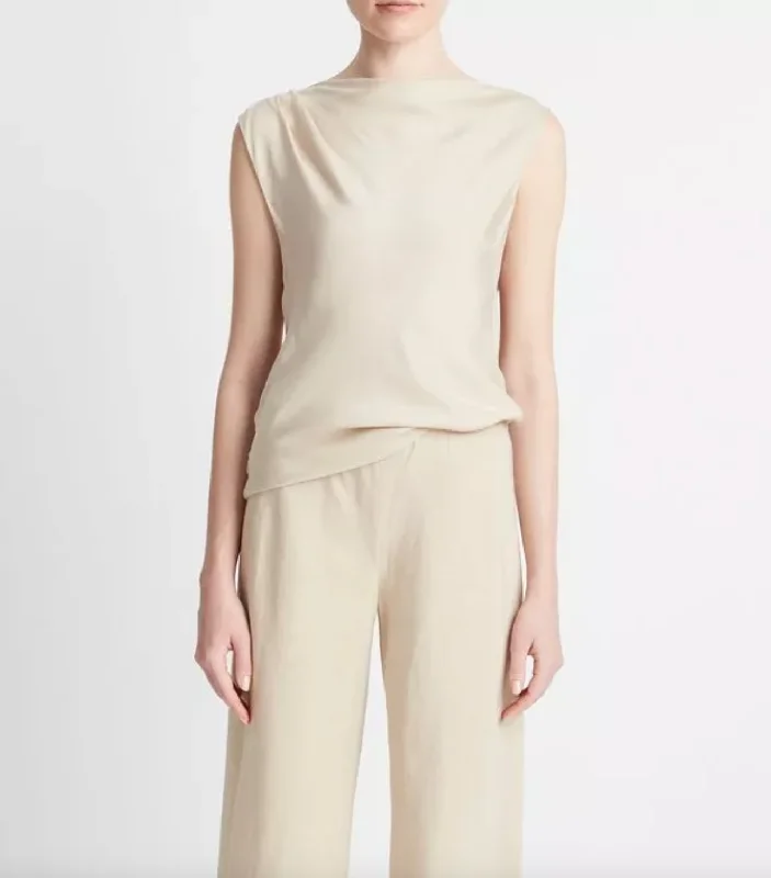 Silk-Blend Asymmetric Draped Cap-Sleeve Blouse - Oat Sand