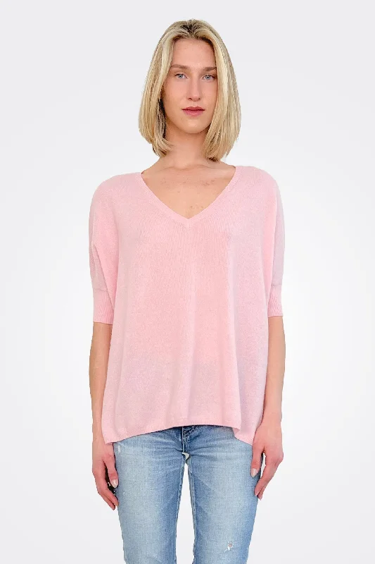 Supima Cotton Cashmere V Neck Sweater - Pink Petal