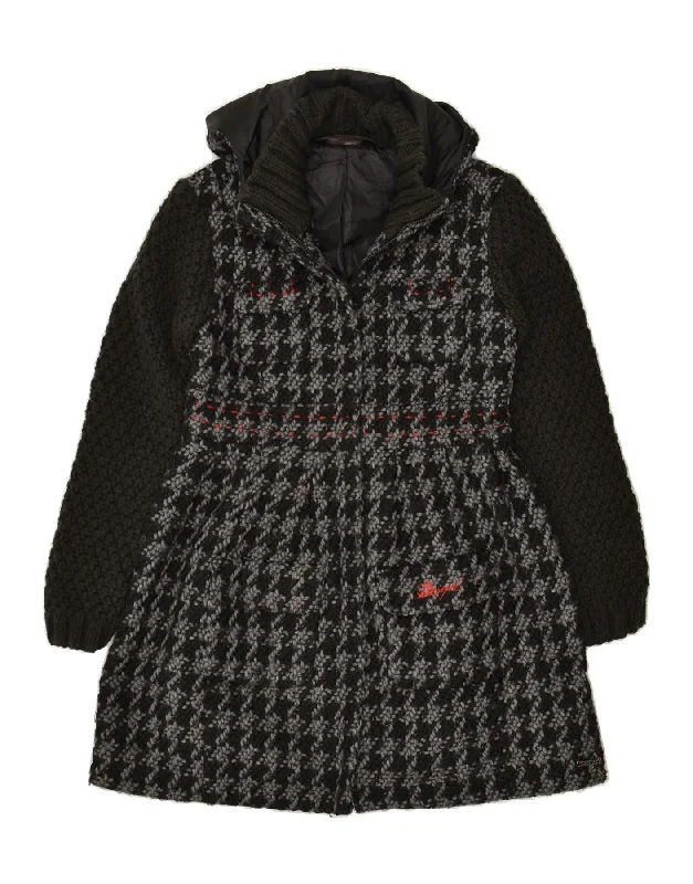 DESIGUAL Womens Knit Hooded Overcoat EU 42 Large Grey Houndstooth