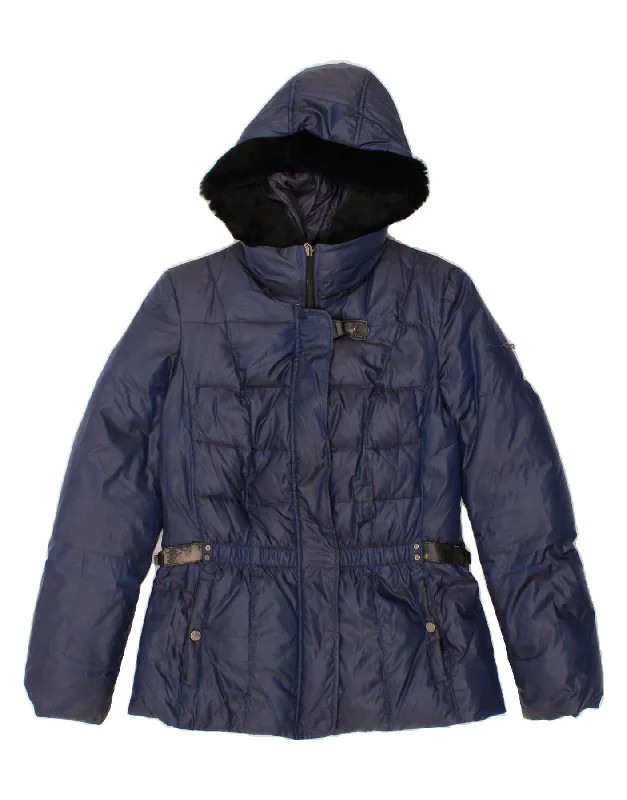 GEOX RESPIRA Womens Hooded Padded Jacket UK 12 Medium Navy Blue Polyester