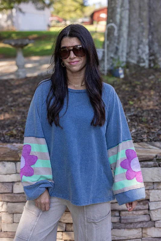 Flower Sleeve Washed Blue Top