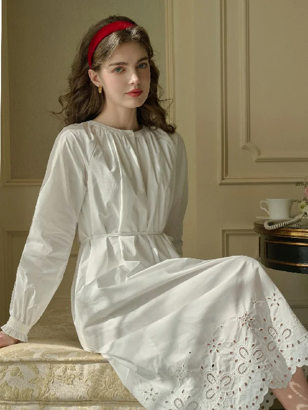 Lilly Round Neck Hem Hollow Embroidered Cotton Dress